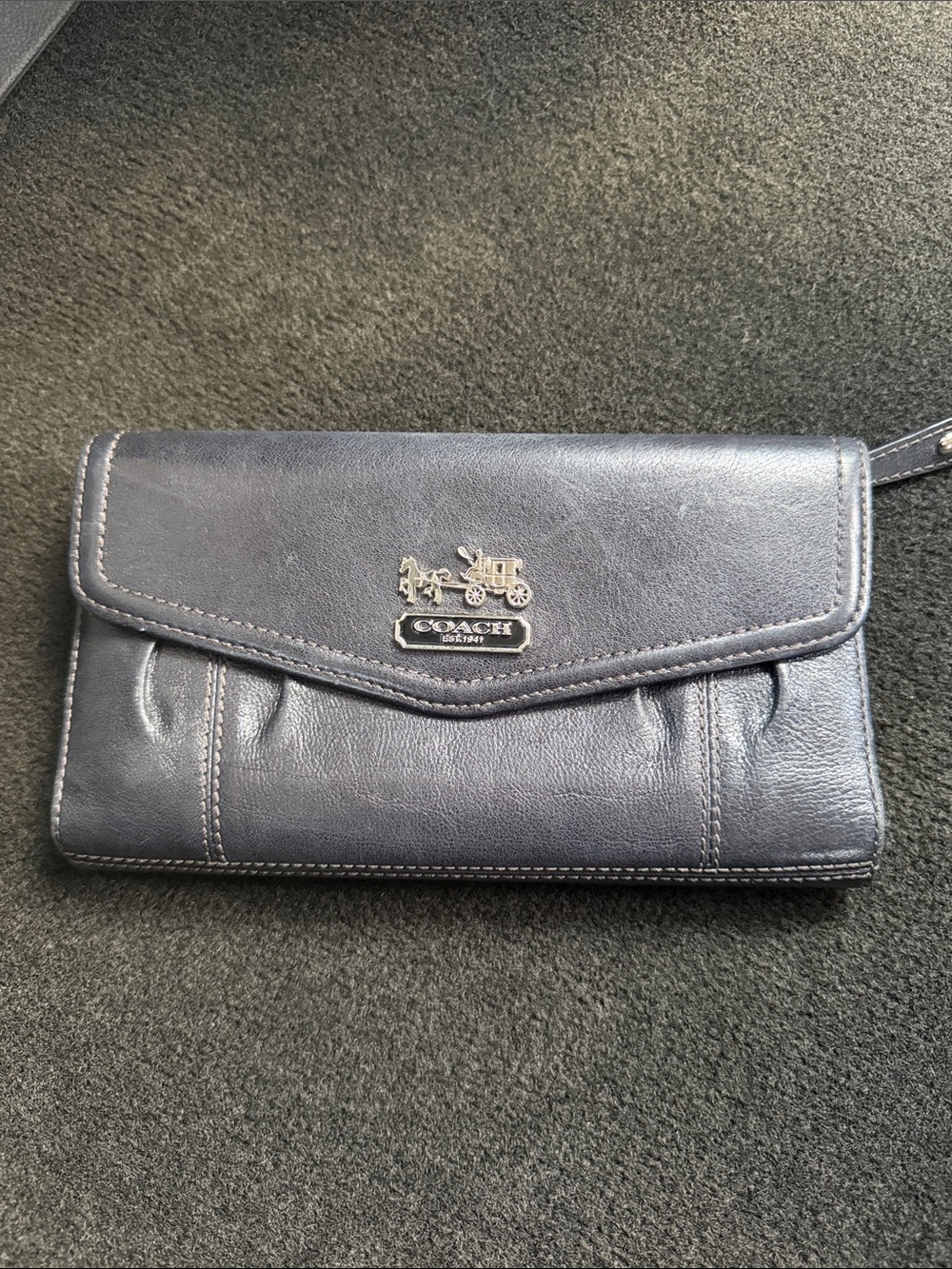 Coach Navy Leather Wristlet Wallet with Silver Horse & carriage